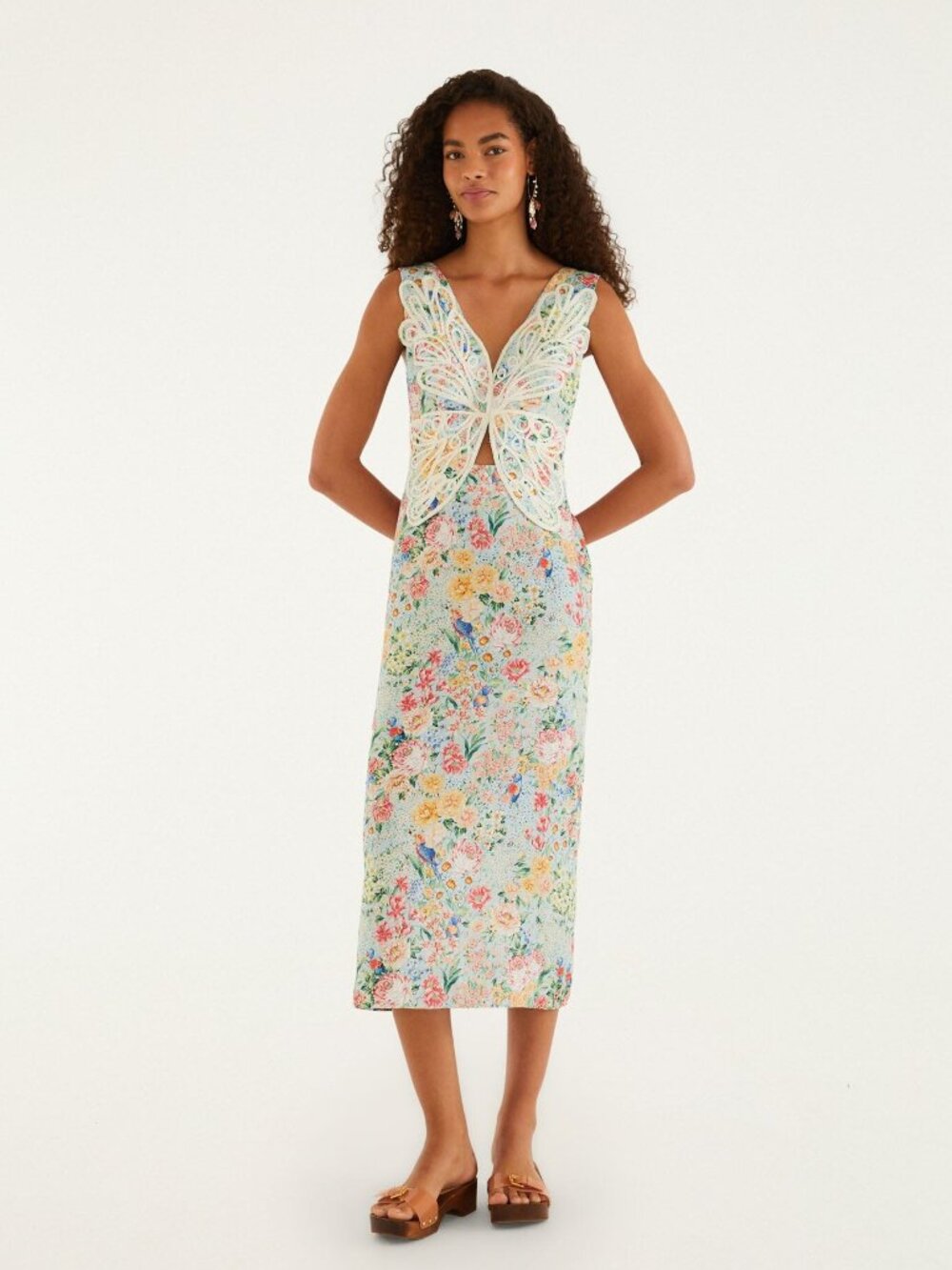 Multicolor Rendeira 3d Bodice Midi Dress